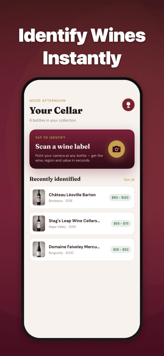 Wine Identifier home screen with the scan button and recent wines