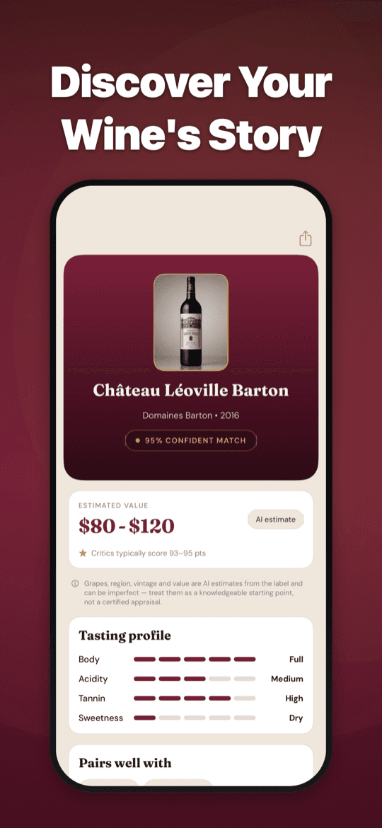 Result screen with identification, estimated value, and tasting profile
