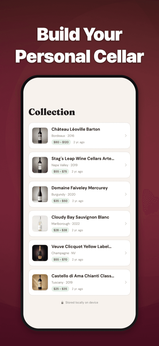 Cellar collection screen listing previously scanned wines