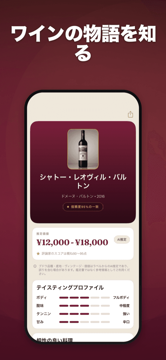 識別結果画面。推定価格とテイスティングプロファイルを表示